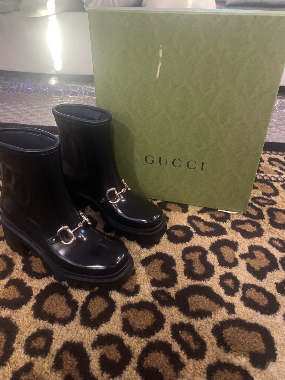 Gucci Black Patent Leather Lug-Soled Ankle Boots with Gold Horsebit